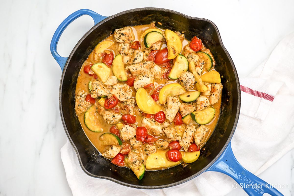 Sautéed Chicken Breasts with Cherry Tomatoes, Zucchini, and Yellow