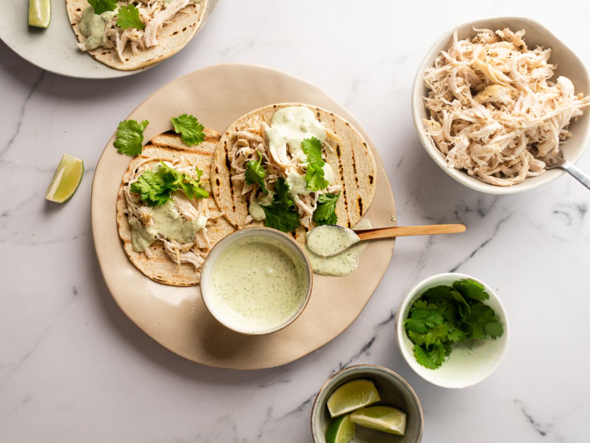 Slow cooker jalapeno chicken tacos with cilantro and Greek yogurt sauce served on corn tortillas.