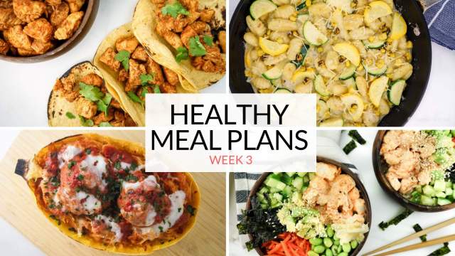 Healthy meal plan with soft tacos, spaghetti squash, gnocchi, and sushi bowls.